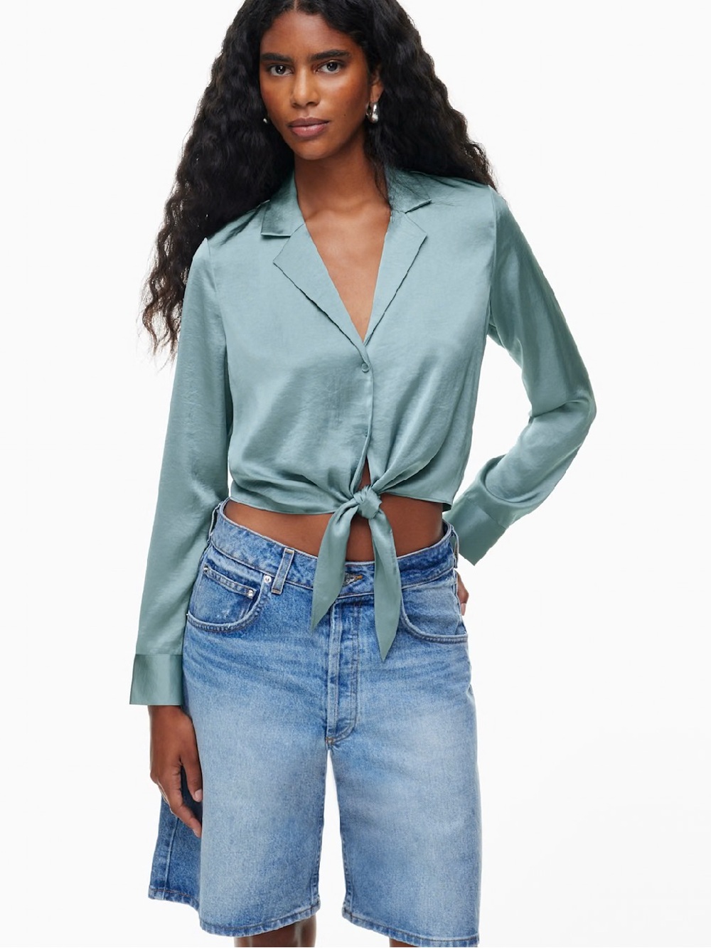 Tie-Front Satin Blouse in Sage Green from Aritzia